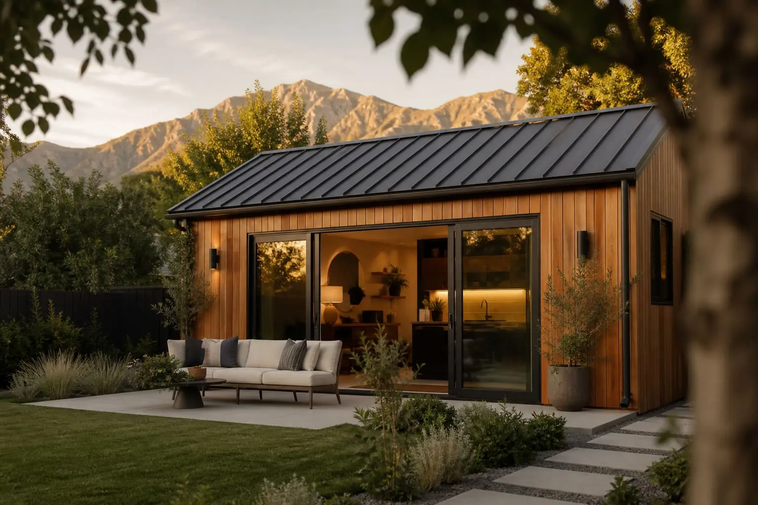 Architectural concept of a cedar-clad backyard accessory dwelling unit in Utah County, beneath the mountains — not a completed project