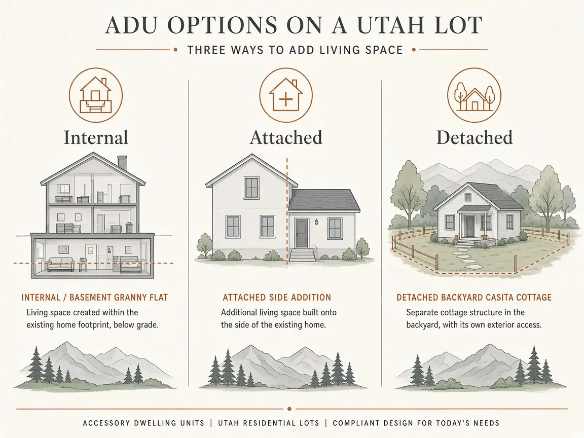 Diagram comparing internal, attached, and detached ADU granny flat types on a Utah lot