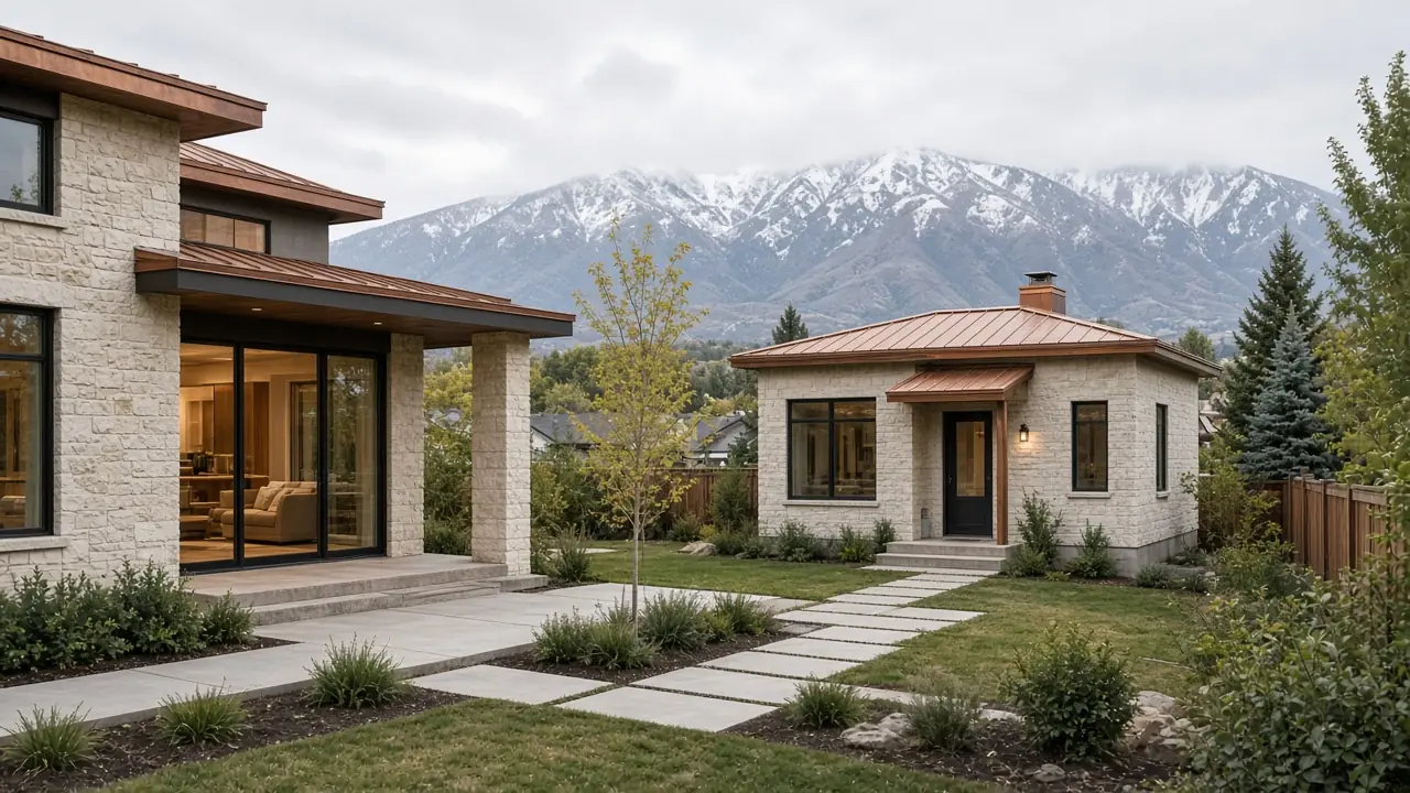 Architectural concept of a Utah accessory dwelling unit with mountain light — not a completed project