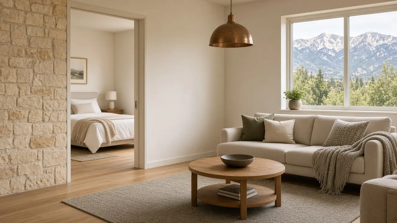 Bright accessible granny flat interior with wide doorway and mountain view