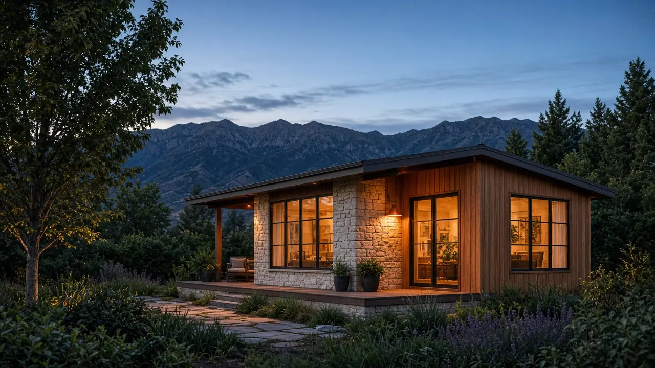 Architectural concept of a Utah backyard granny flat at dusk — not a completed project